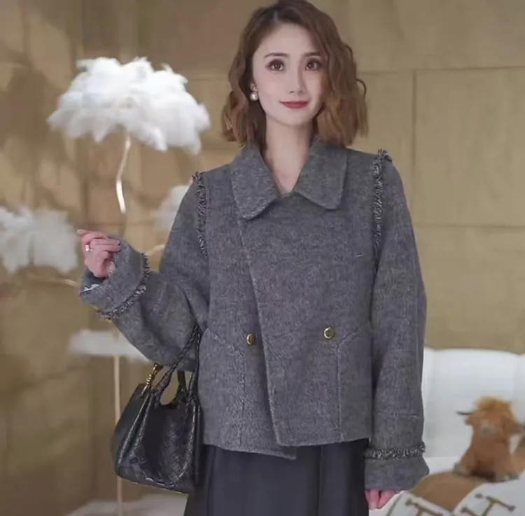 秋冬时尚气质简约高级感短款韩版甜美风毛呢女士大衣毛呢外套女