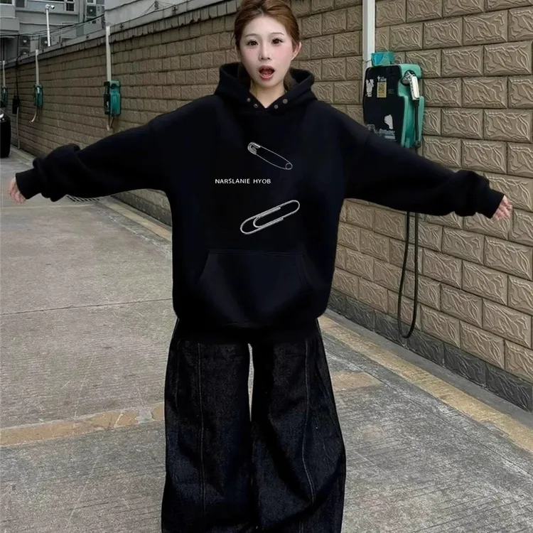 重磅黑色连帽卫衣女2025新款秋冬加绒加厚慵懒风oversize宽松外套