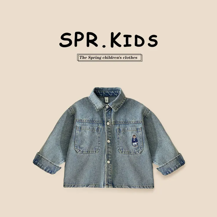 儿童刺绣小熊蓝色牛仔外套翻领牛仔衣上衣2025秋季童装牛仔服潮