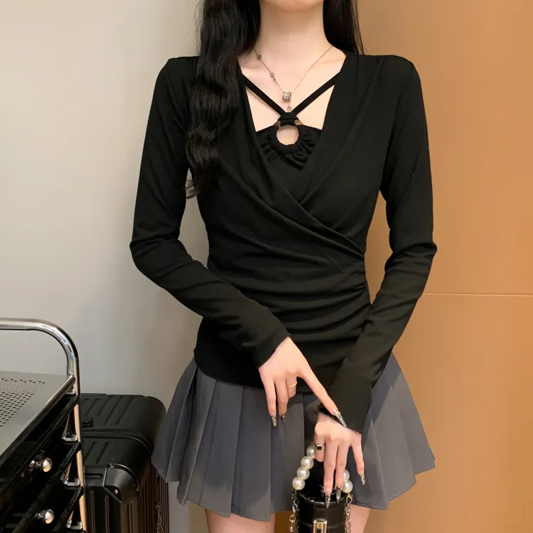 设计感小众假两件长袖T恤女2025早秋短款内搭打底衫镂空显瘦上衣