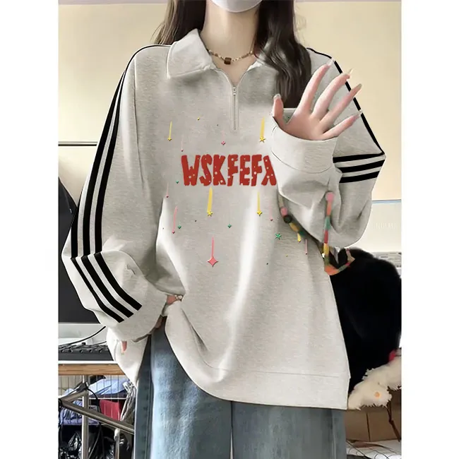 2025年秋冬季新款三条杠卫衣宽松百搭polo领半拉链学院风显瘦外套