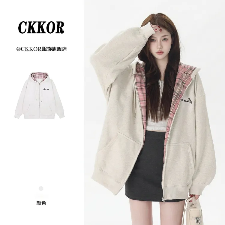 CKKOR秋冬美式格子慵懒风拉链外套女遮屁股卫衣加厚连帽衫上衣女