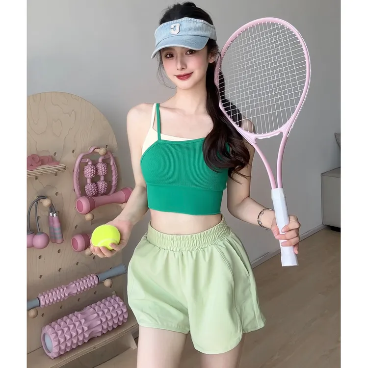 假两件瑜伽美背带胸垫外穿夏撞色运动内衣跑步健身普拉提训练背心
