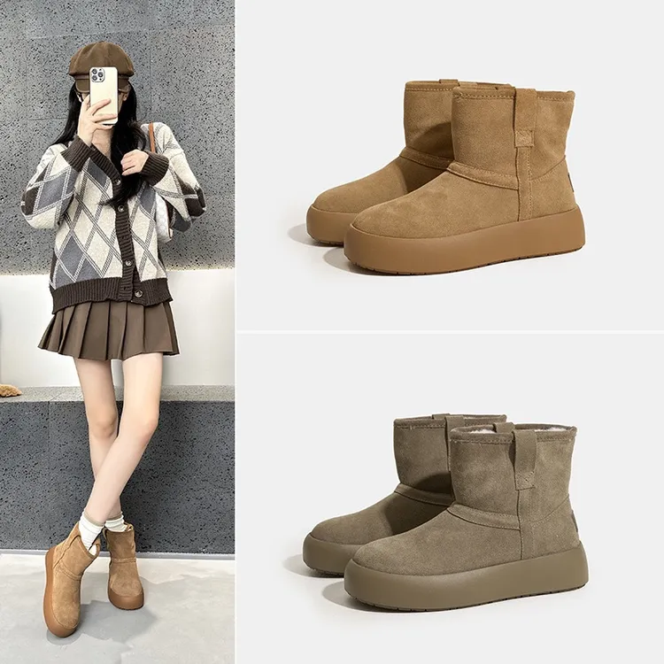 雪地靴女2025冬季加绒加厚保暖厚底皮毛一体东北棉鞋牛反绒雪地棉