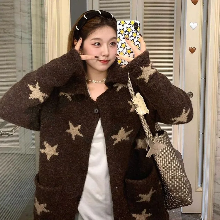 美拉德棕色毛衣外套女25冬新款高级感慵懒风宽松韩系短款针织开衫