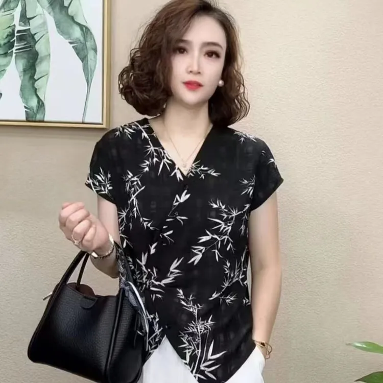 遮肉衫女士短袖夏装新款年轻减龄女士衬衣洋气中年妈妈爆款上衣