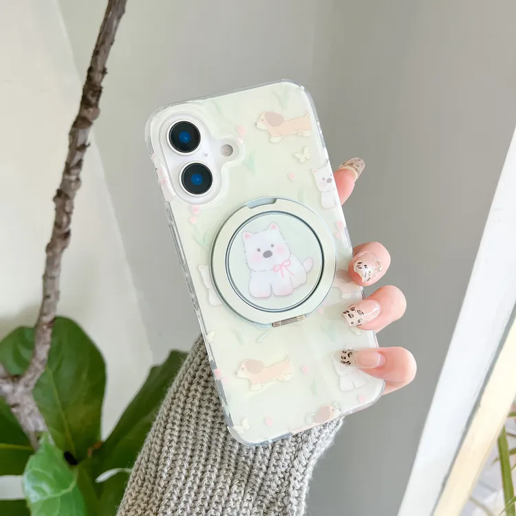 花园小狗旋转支架手机壳适用苹果17promax女款15华为vivo小米oppo