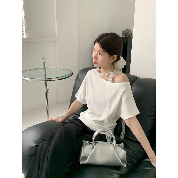 设计感斜肩蕾丝飘带短袖恤女2025夏季新款百搭小众不规则减龄潮