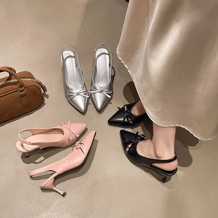 包头法式蝴蝶结跟年春夏浅口红色鞋凉鞋时尚仙女新款2025漆皮尖头