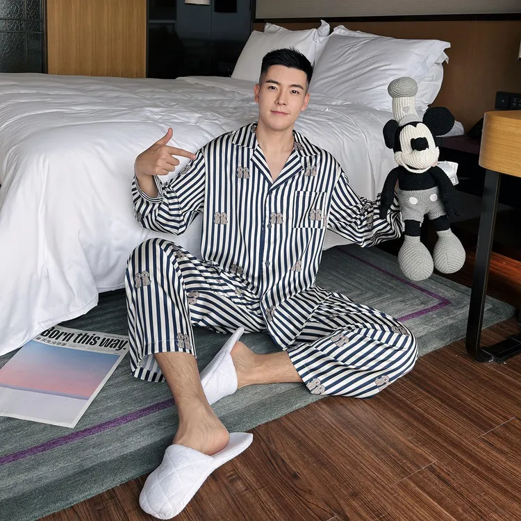 2026新款 星光缎丝滑高品条纹情侣长袖长裤高级感家居服套装