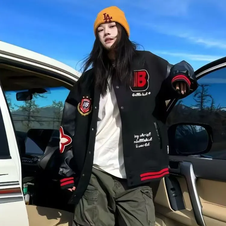 重工徽章刺绣秋冬拼接撞色棒球外套潮牌重磅宽松夹克美式复古