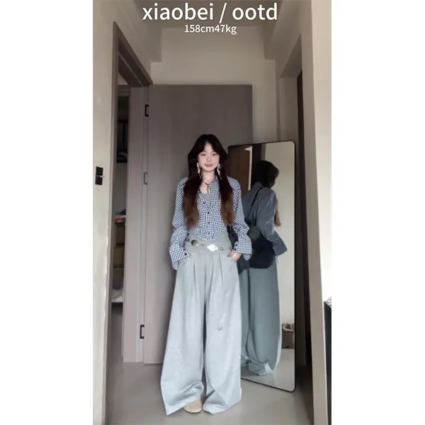 韩系格纹假两件衬衫拼接背心秋季新款收腰设计感衬衣女裤子套装