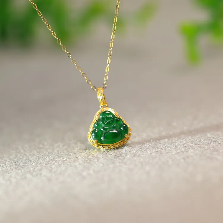 #K073 18K金镶嵌老坑冰种缅甸天然A货翡翠弥勒佛佛公吊坠 不含链