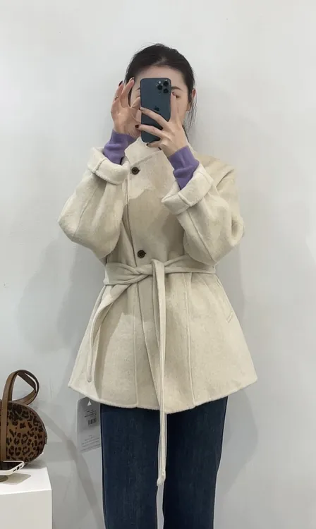 【羽奢时尚】简韩秋冬时尚气质双面羊驼绒混纺中长款大衣92541