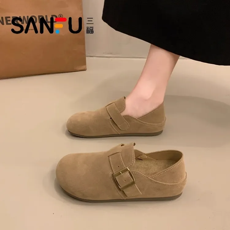 三福厚底复古全包勃肯鞋女2025春秋新款一脚蹬博肯单鞋休闲乐福鞋