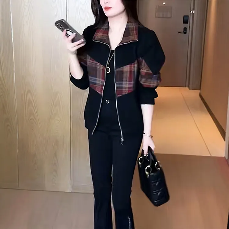 时尚格子拼接短款外套女秋季新款休闲显瘦洋气I百搭气质拉链开衫