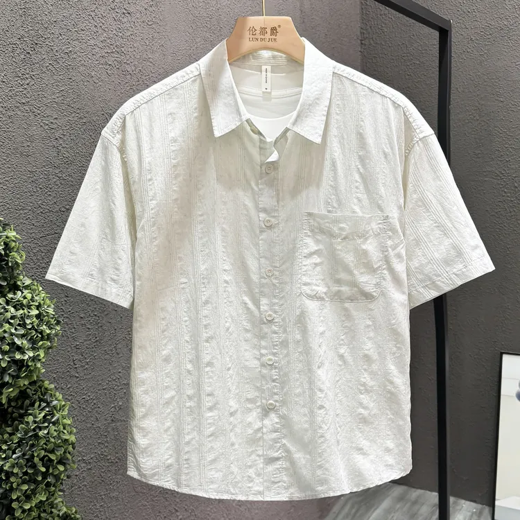 轻奢个性纹理日系短袖衬衫男士夏季条纹上衣时尚简约休闲宽松衬衣