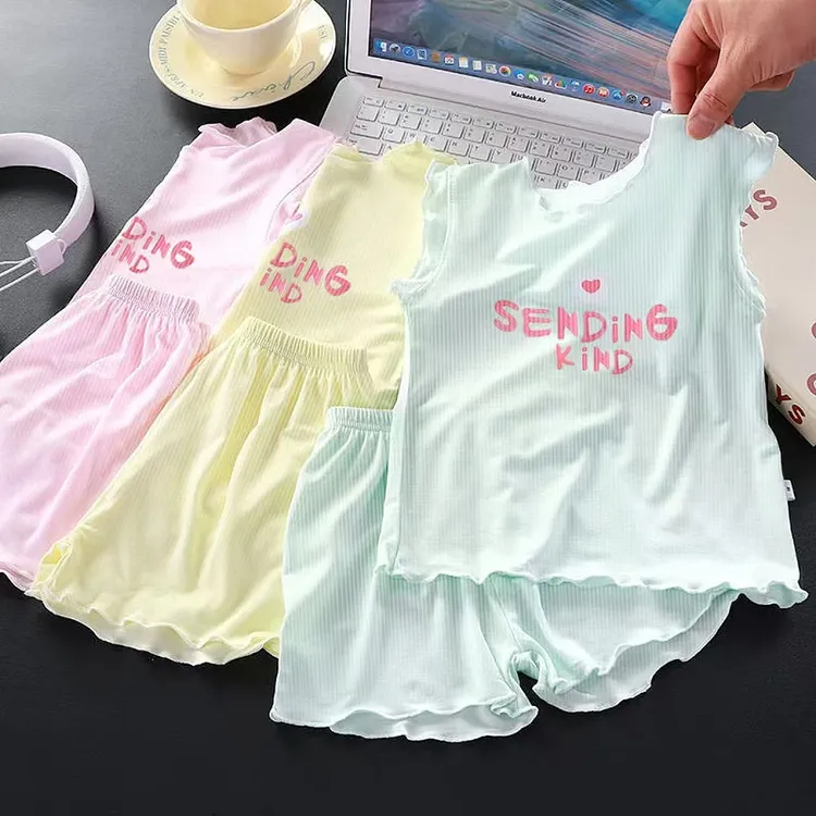 女童短袖短裤冰丝两件套荷叶边飞袖睡衣家居服套装宝宝夏空调服