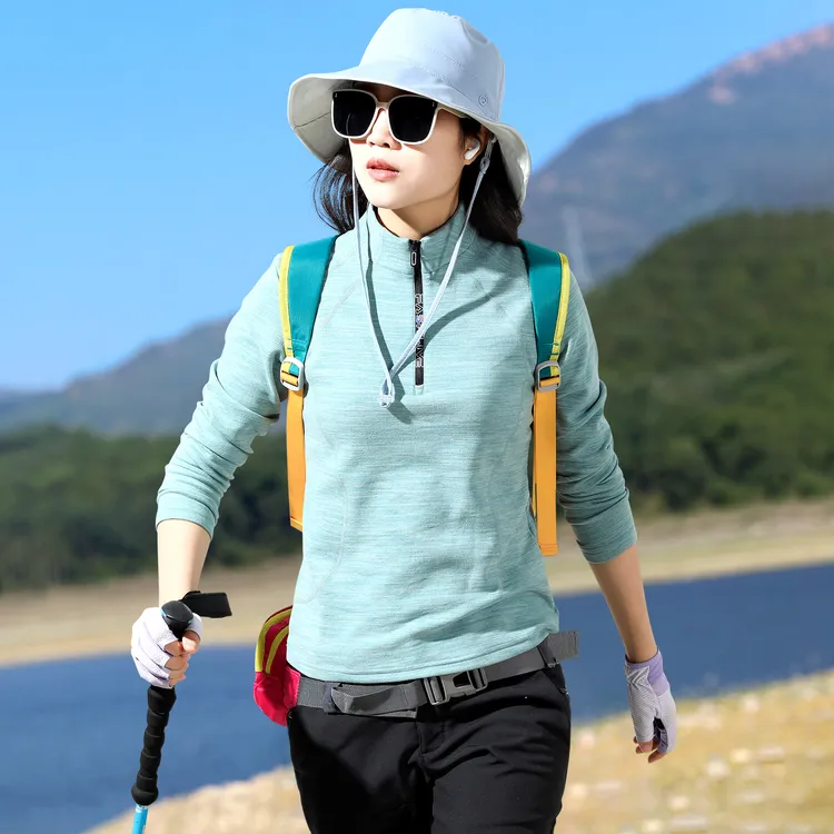 户外运动德绒抓绒衣女上衣长袖T恤女加厚保暖衣磨毛绒防静电冬季