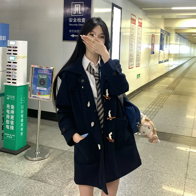 暖心熊日系jk宽松呢子学生冬季毛呢连帽外套秋冬纯色学院风制服