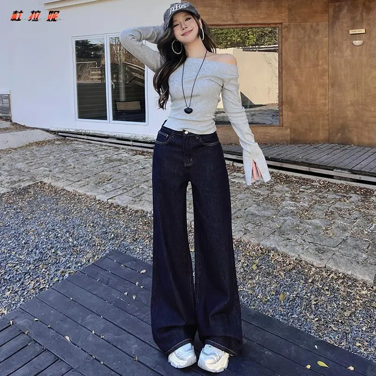 杜拉妮窄版直筒裤女士初秋新款小个子新款慵懒垂感休闲阔腿牛仔裤