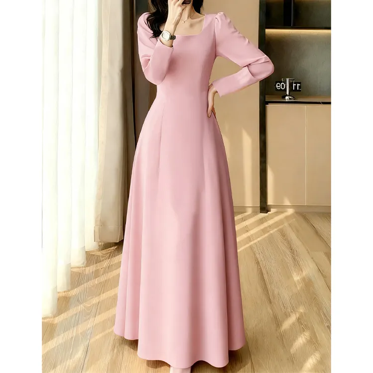 法式高级感方领连衣裙女秋2025新款时尚气质收腰显瘦泡泡长袖裙子