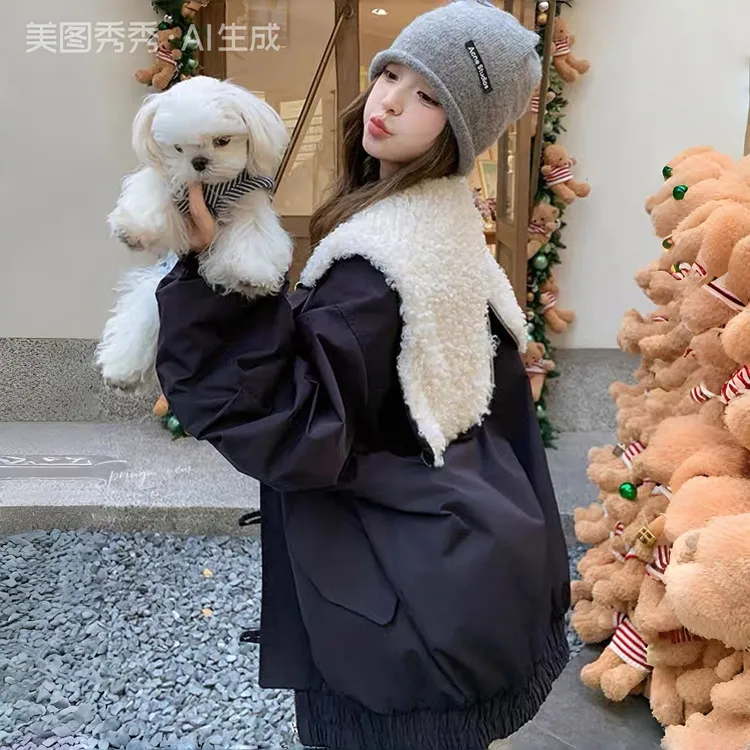 3103羊 膏毛大翻领牛角扣棉服派克服 冬季新款学院风