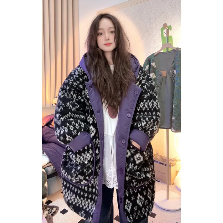 【加厚双面穿】2025冬季新款休闲简约时尚拼毛毛两面穿连帽加厚棉服