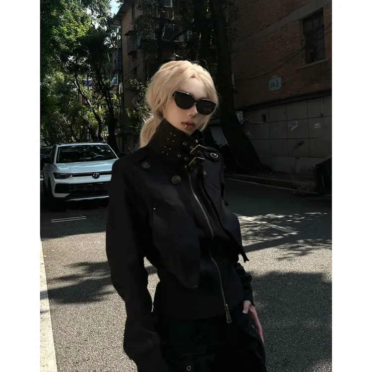 美式街头复古黑色立领工装夹克短外套女秋季修身显瘦收腰气质上衣
