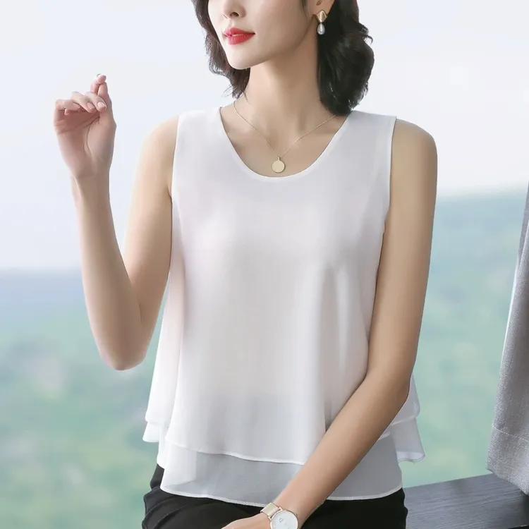 遮肚子夏季大码雪纺衫上衣女宽松小清新无袖打底衫白色吊带背心女