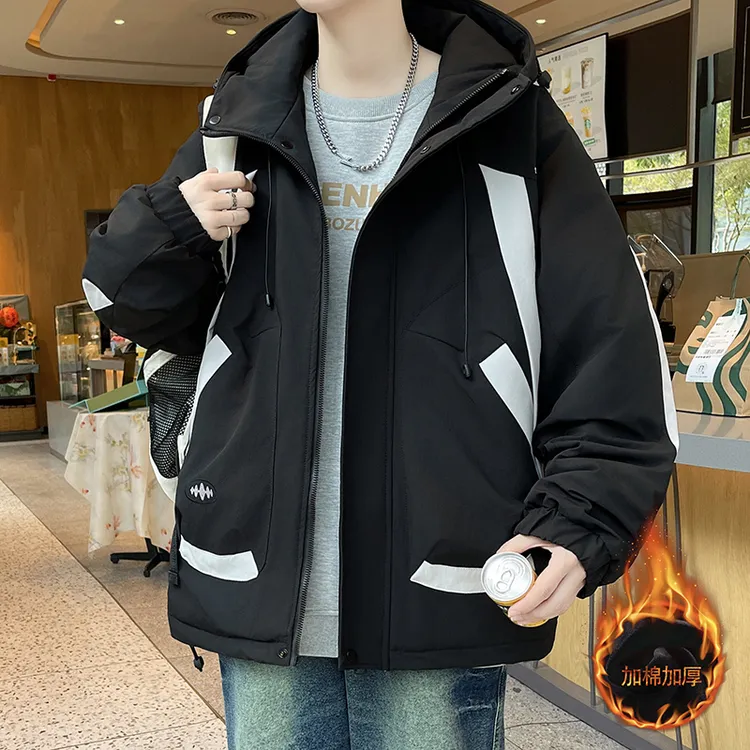 加棉加厚外套男士秋冬季青少年学生保暖棉夹克连帽保暖冲锋衣上衣