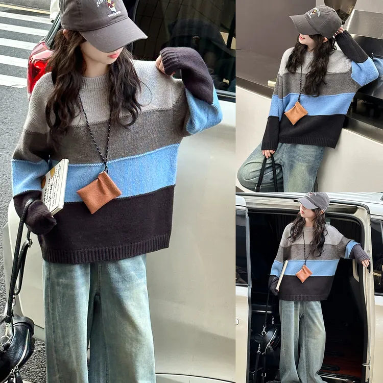 女童春秋款针织衫2025新款儿童慵懒风撞色毛衣秋装牛仔裤子两件套