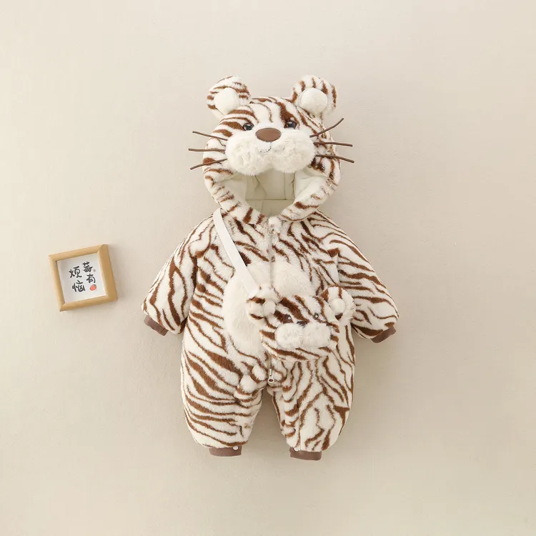 BBQ婴幼童哈衣加厚卡通老虎连帽爬服棉衣冬季连体衣