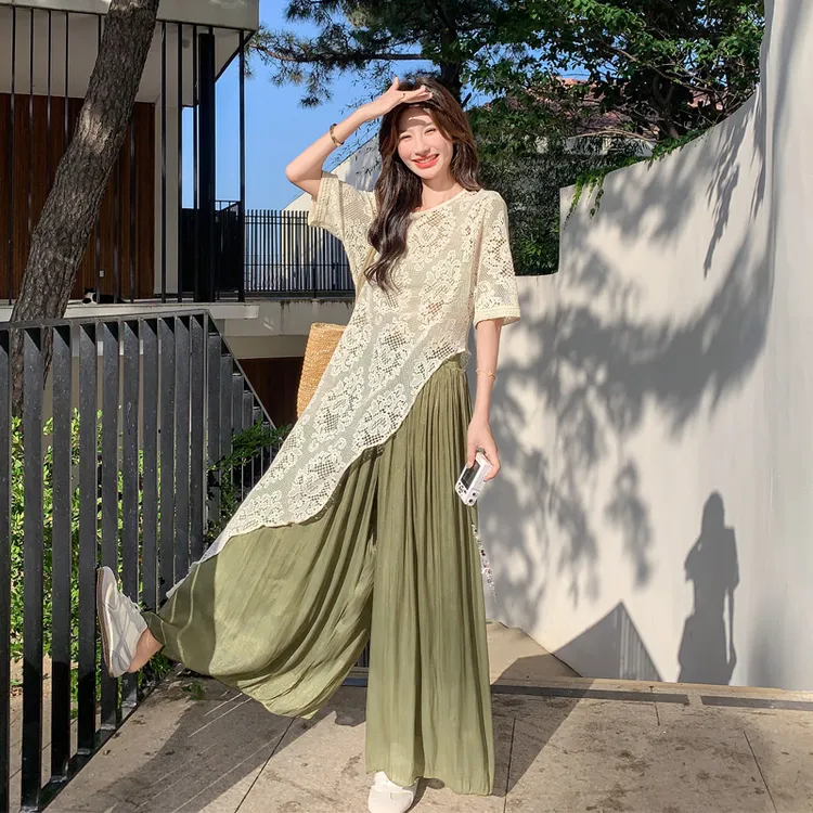 超显白蕾丝罩衫阔腿裙裤套装2025女夏新款韩系小清新松弛感两件套