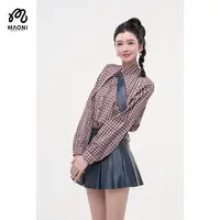 毛妮LADIESFIRST【焦糖格调】复古风兔耳朵领格子衬衫女早秋L2280