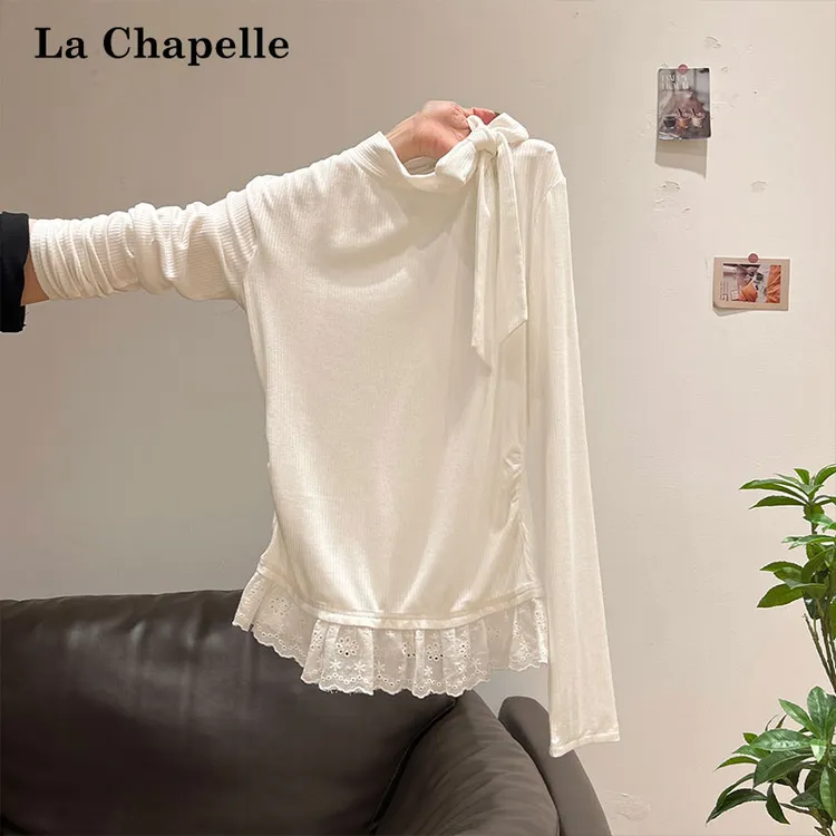 拉夏贝尔蝴蝶结绑带蕾丝拼接长袖T恤女秋季纯欲风掐腰褶皱小上衣