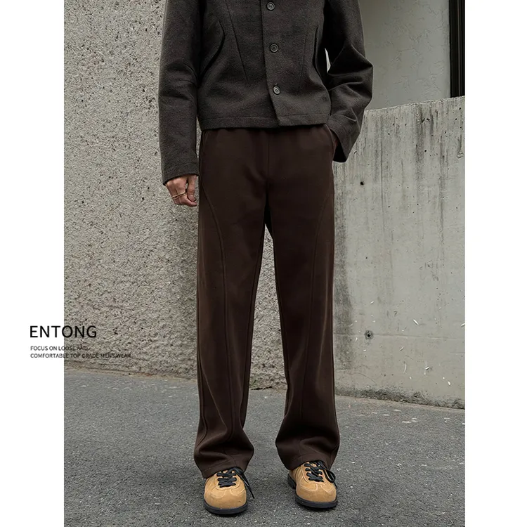 Entong老钱风针织卫裤男款美式复古cleanfit斜切休闲裤宽松直筒裤