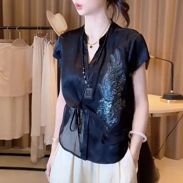 夏季超好看漂亮高级感小众不撞衫上衣女欧货洋气黑色衬衫上档次潮