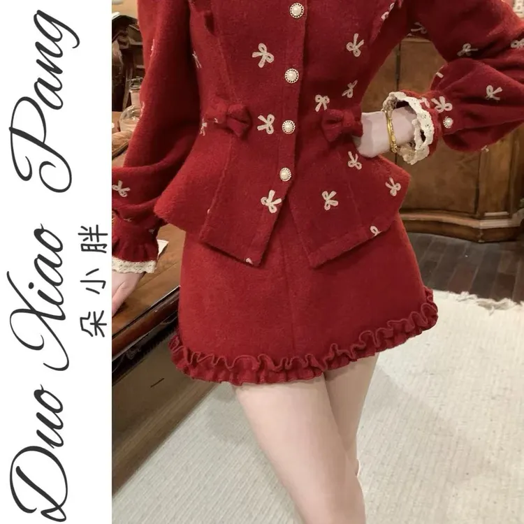 初冬氛围感穿搭加肥加大红色半身裙12112