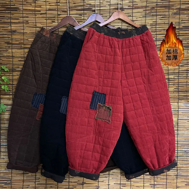 冬季新款复古贴布加棉加厚哈伦裤女宽松长裤遮肉显瘦老爹裤潮