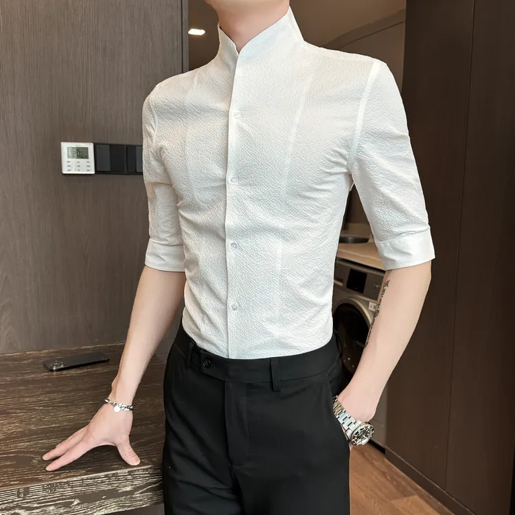 新中式立领男士七分中袖衬衫夏季新款高级感修身痞帅华夫格衬衣潮
