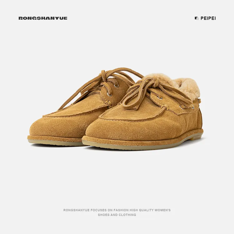 Rongshanyue高丝光牛反绒乐福鞋女秋冬棉鞋平底雪地鞋子B1472