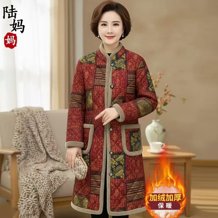 中老年女装冬季中长款棉衣气质妈妈大码宽松加绒加厚棉服时尚外套
