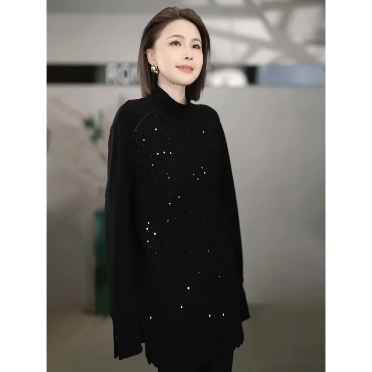 溶溶【星光夜】RONGRONG 莱赛尔高领拼接钩花蕾丝长袖上衣2502K510