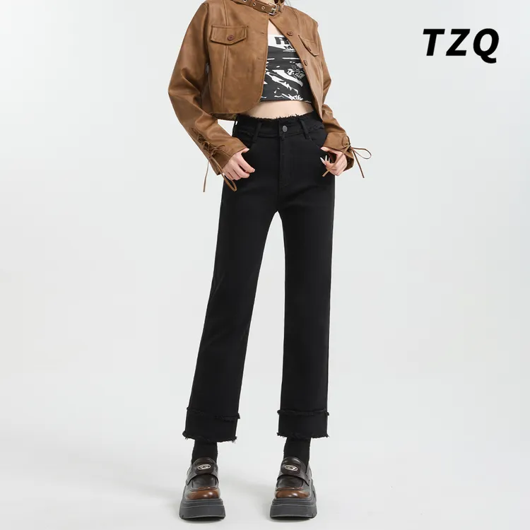 直筒牛仔裤女2024新款高腰显瘦小个子毛边设计感烟管裤TZQ122030