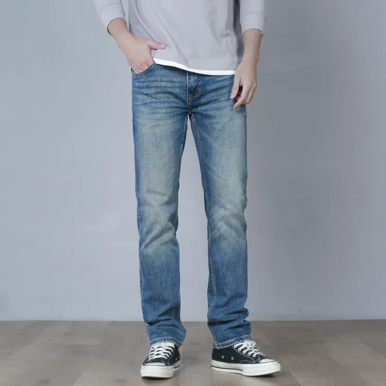 DIPAI/底牌【修身小直筒】13盎司秋冬厚款复古水洗弹力蓝色牛仔裤男