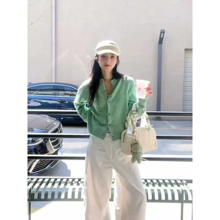 HUOHUO【特调色】羊毛混纺薄荷绿卷边针织开衫女软糯早秋上衣HY066