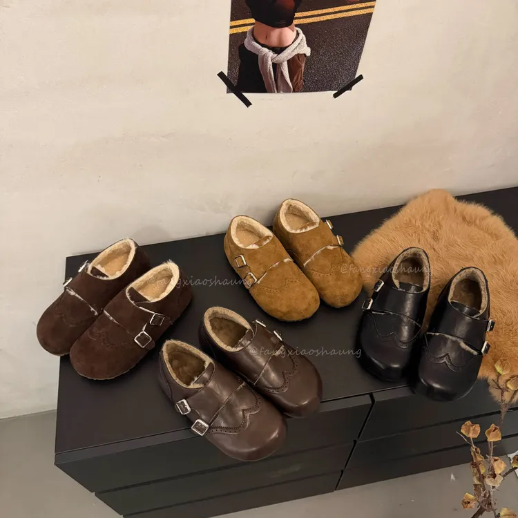 内增高布洛克雕花复古风保暖加绒乐福鞋女秋冬毛毛鞋一脚蹬小皮鞋