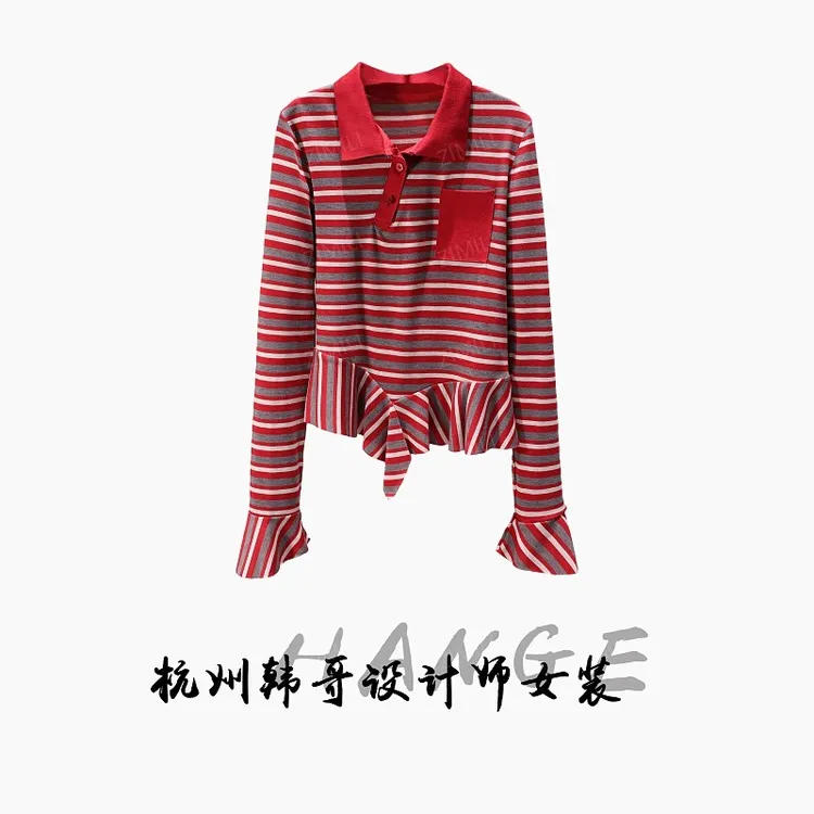 【韩哥女装】2025冬季加厚红咖条纹开扣POLO领时尚休闲上衣26129-B3