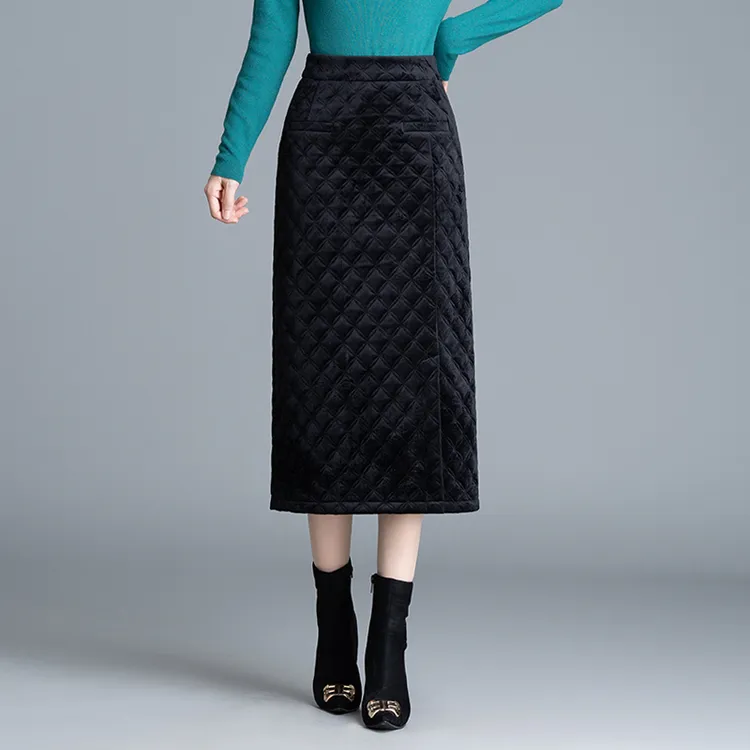 金丝绒加棉直筒半身裙女中长款秋冬高腰显瘦加厚保暖包臀裙一步裙